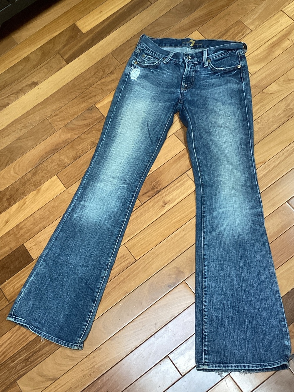7 For All Mankind Distressed Mid Blue Flare Jeans
